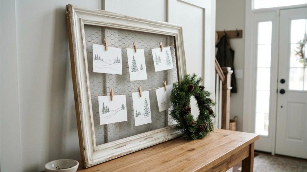 Thrift frame with chicken wire and mini clothespins holding Christmas cards