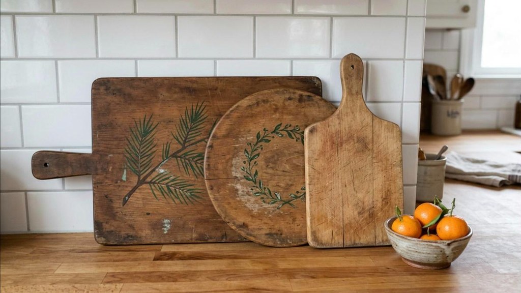 Thrifted wooden cutting board painted with a simple greenery design leaning on a kitchen counter