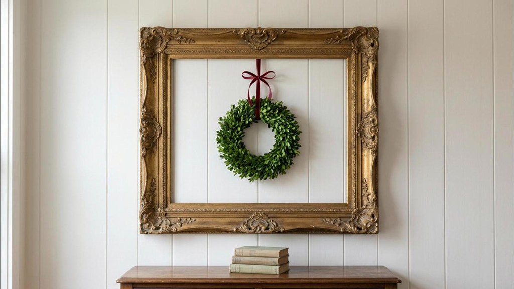 Goodwill Christmas decor small boxwood wreath hanging inside a large ornate gold thrift store frame