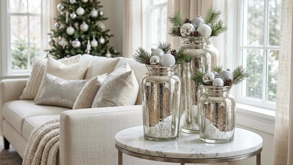 Goodwill Christmas decor glass vases painted to look like mercury glass and filled with silver ornaments
