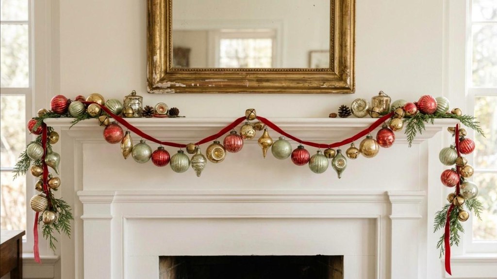 Garland of mixed vintage thrift ornaments and jingle bells strung on velvet ribbon across a mantel