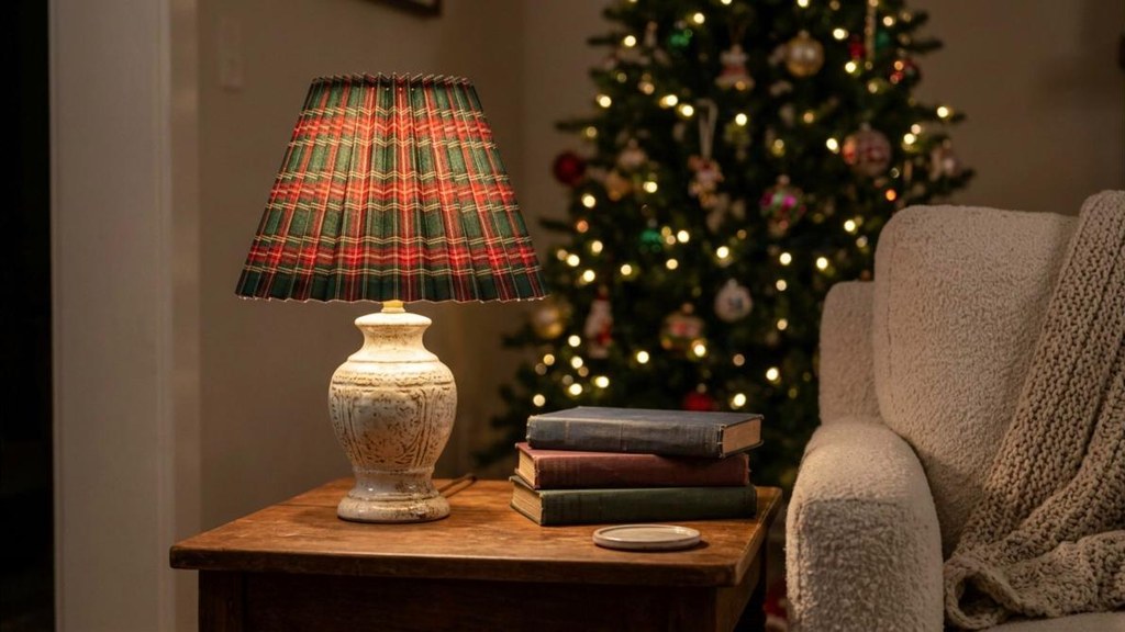 Thrifted lamp with a new red plaid pleated shade glowing on a side table