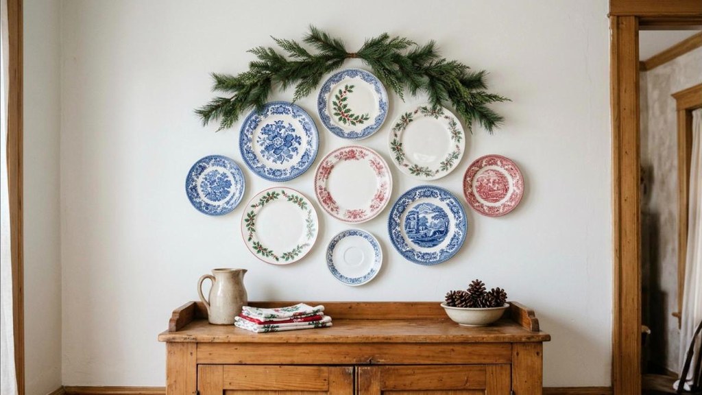 Goodwill Christmas decor cluster of blue and white and holiday thrift plates hung on a wall with greenery