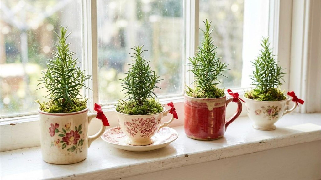 Goodwill Christmas decor mismatched thrift mugs holding tiny rosemary trees tied with ribbon