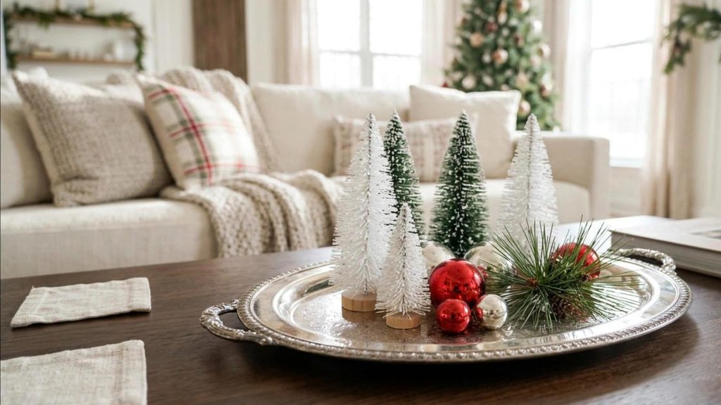 Polished thrift store silver tray layered with mini bottle brush trees and ornaments