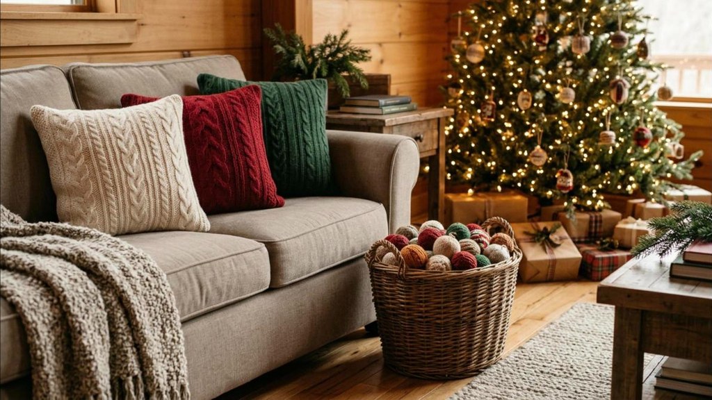 Cozy pillow covers and ball ornaments made from thrifted cable knit sweaters