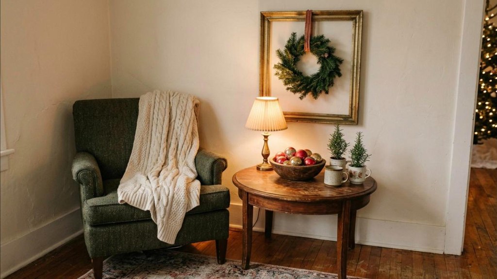Goodwill Christmas decor corner styled with five thrift store finds on a small side table