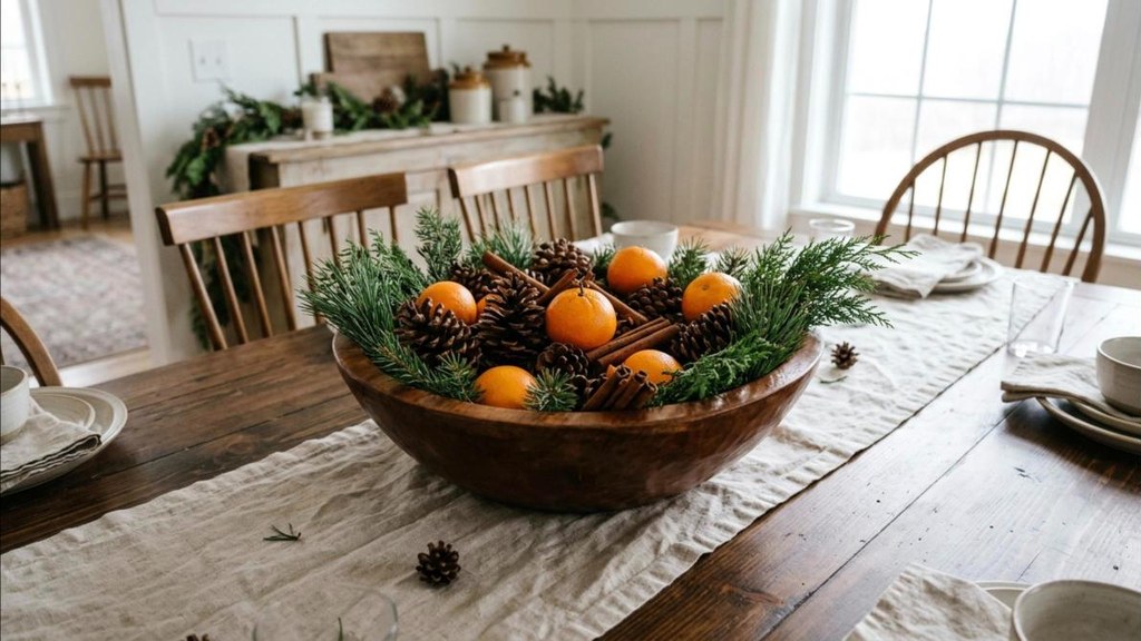 Goodwill Christmas decor wooden salad bowl filled with pinecones, oranges and greenery