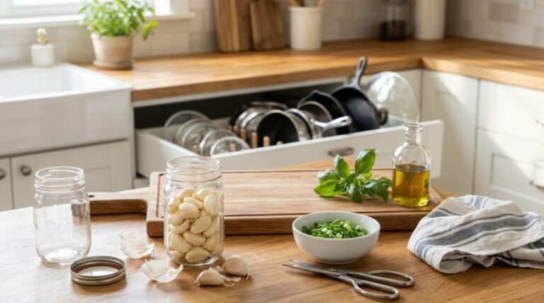 Genius kitchen fixes: jar of peeled garlic, snipped green onions and neatly stacked pans on a sunny kitchen counter