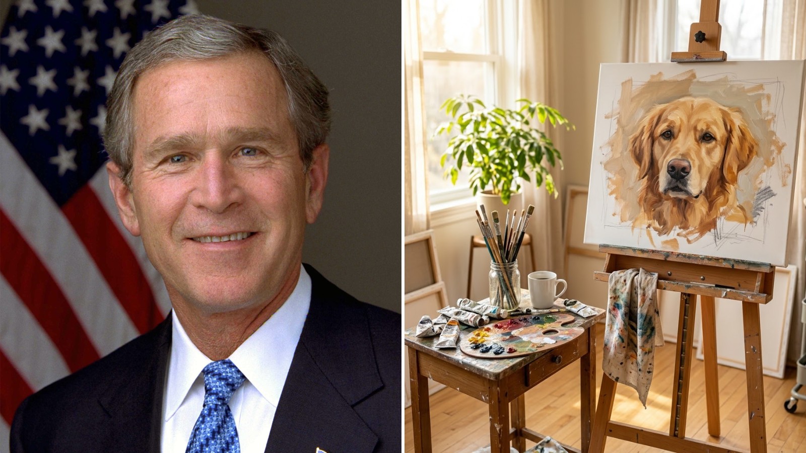 George W Bush painting inspiration: his official portrait beside a sunny home studio with a half-finished dog portrait on an easel
