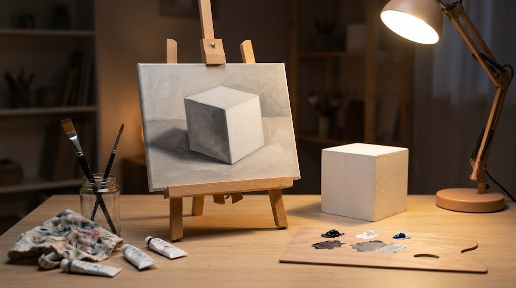 George W Bush painting inspiration: beginner oil painting of a white cube on an easel next to the real cube lit by a desk lamp