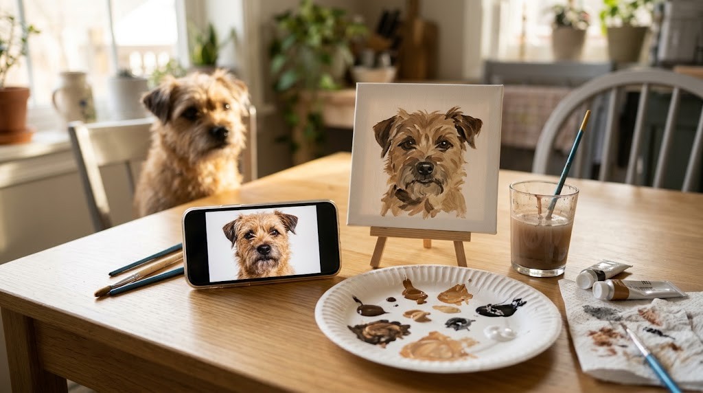 George W Bush painting inspiration: simple painting of a terrier on a small canvas next to a phone photo of the same dog, with the real dog watching