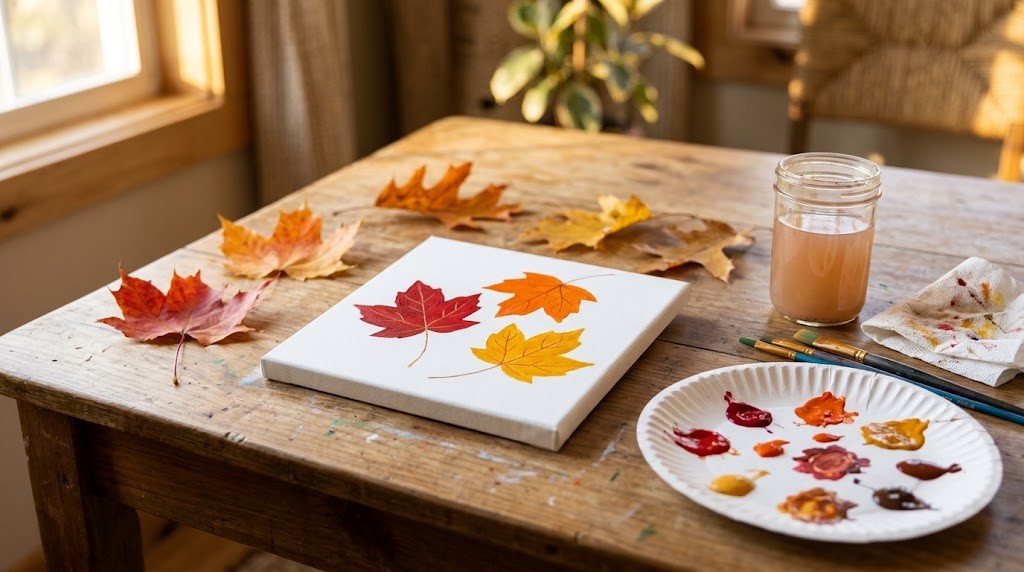 Small canvas board painted with red, orange and gold autumn leaves surrounded by real fall leaves on a wooden table