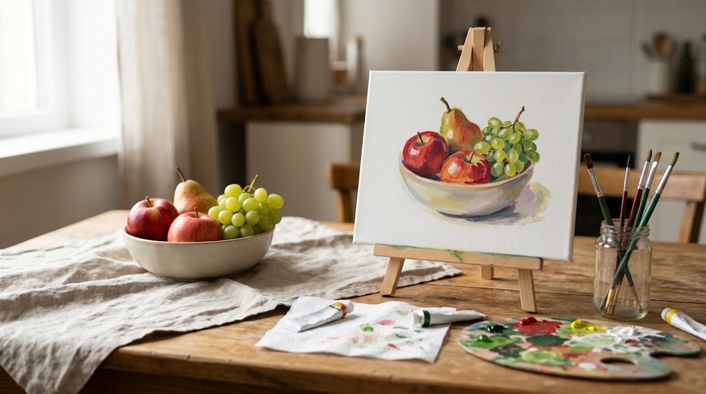 George W Bush painting inspiration: bowl of apples, a pear and grapes on a table beside an easel with a painting of the same fruit