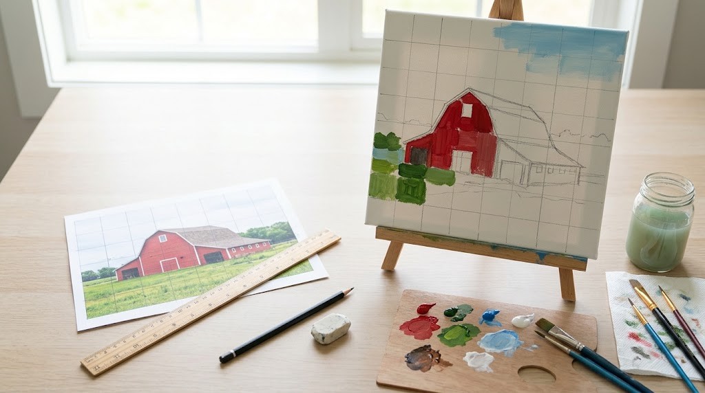 George W Bush painting inspiration: printed photo of a red barn next to a gridded canvas with the barn sketched and partly painted