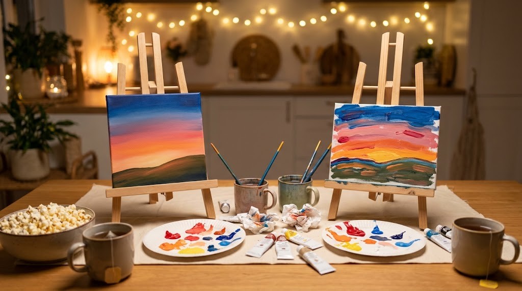 Two small easels with sunset paintings on a kitchen table with paints, popcorn and tea under string lights