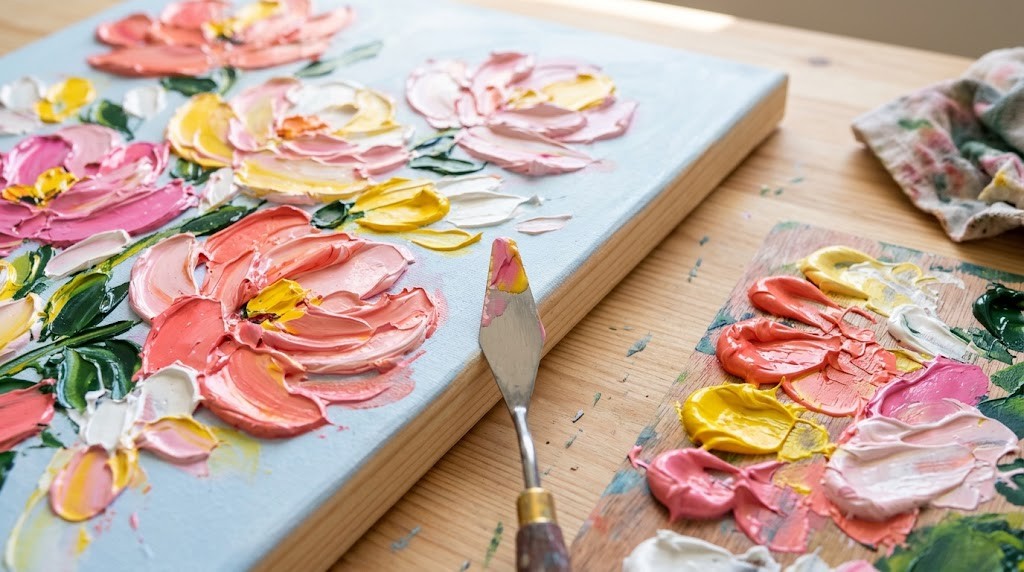 Textured palette knife painting of pink, coral and yellow flowers on a pale blue canvas with a painting knife