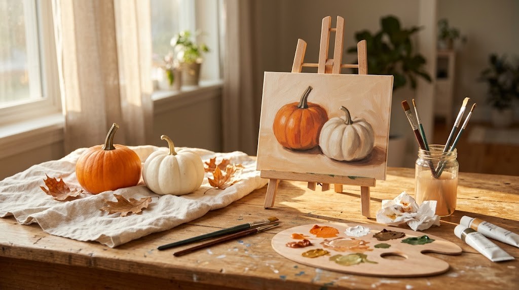 Orange and white pumpkins on a linen cloth beside a small easel with a painting of the same pumpkins