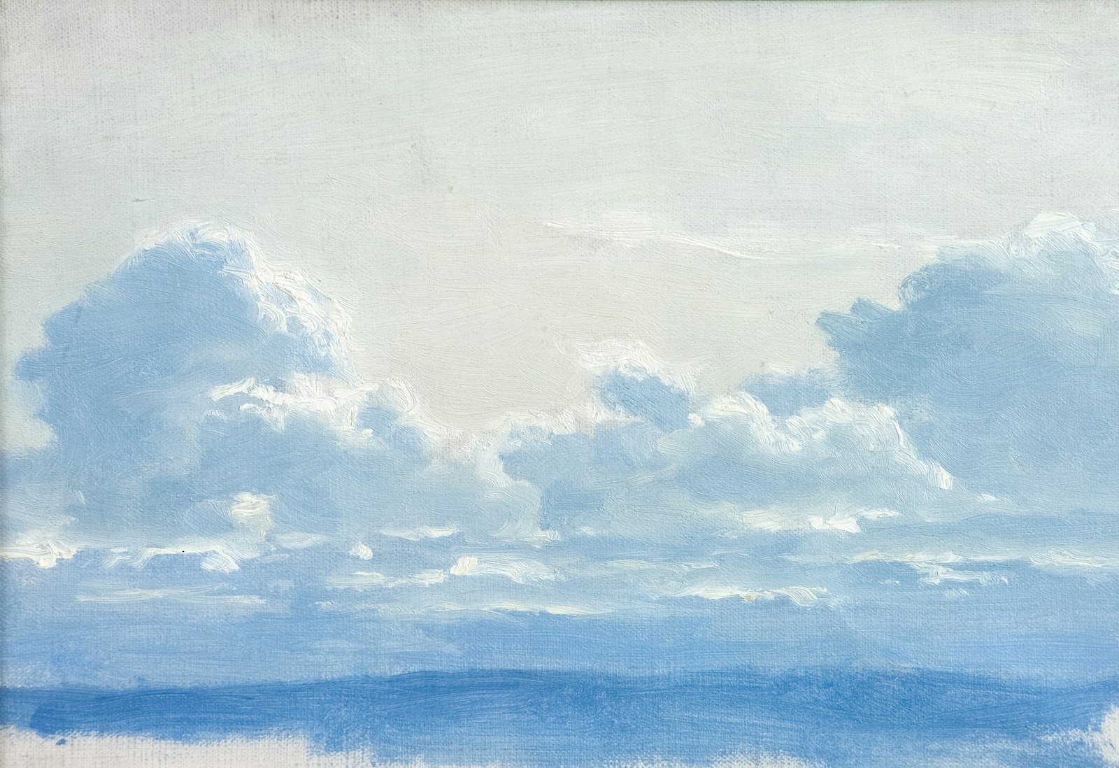 Loose painted sky study of soft white clouds over calm blue water