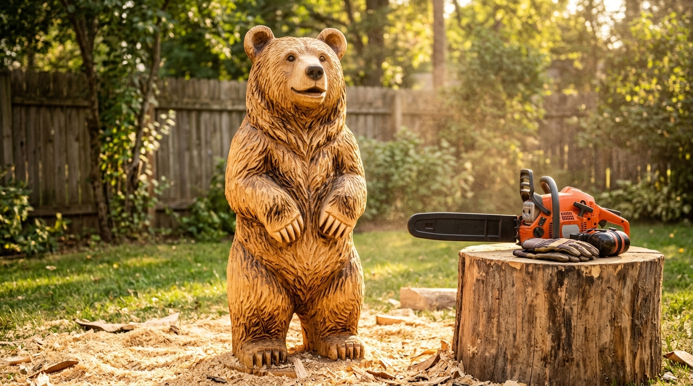 Giant bear chainsaw carving standing on sawdust in a sunny backyard