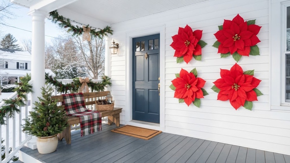 Poinsettia Christmas decor giant crepe paper flowers on a porch