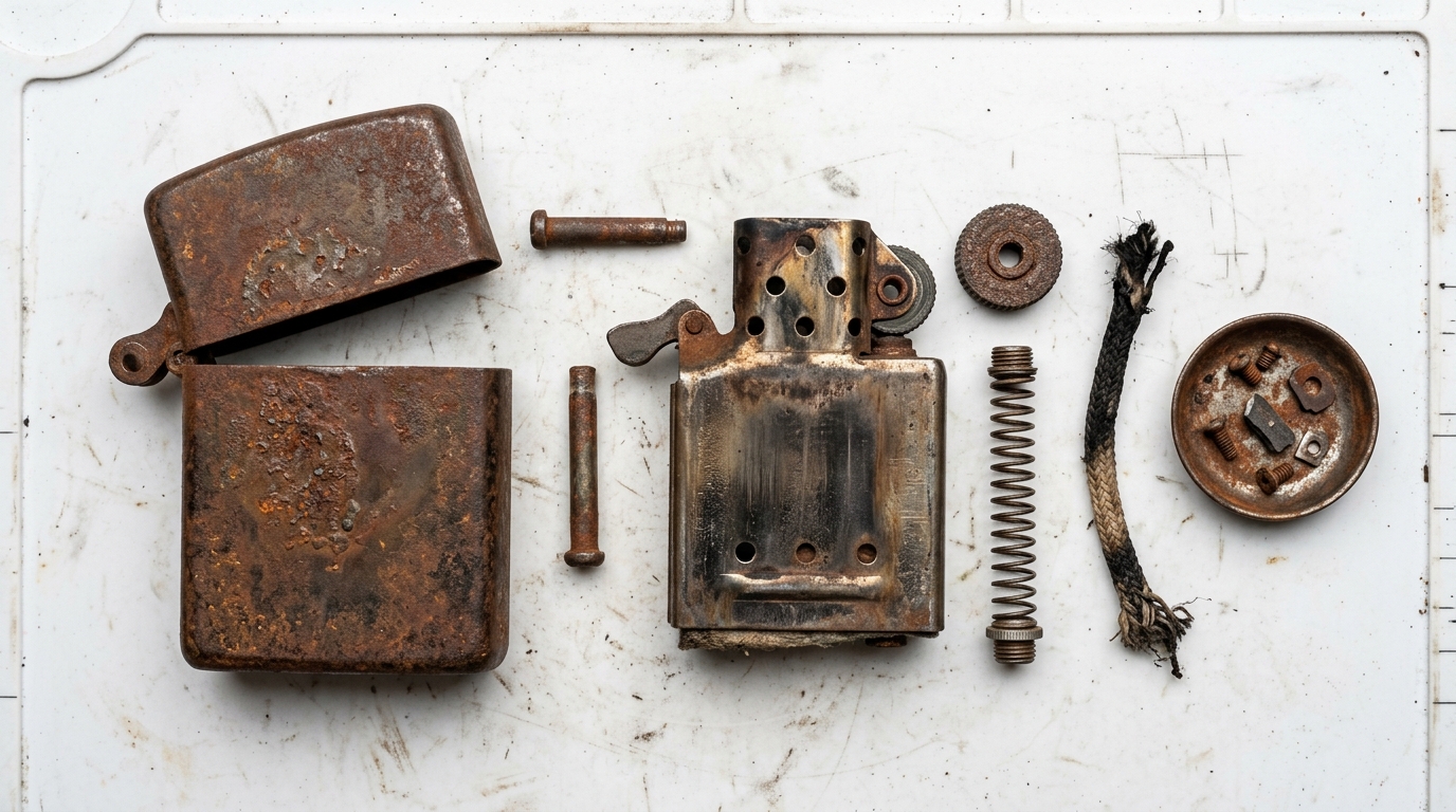 Giant lighter restoration teardown: rusty case, lid, insert, flint wheel, spring and screws laid out on a white mat