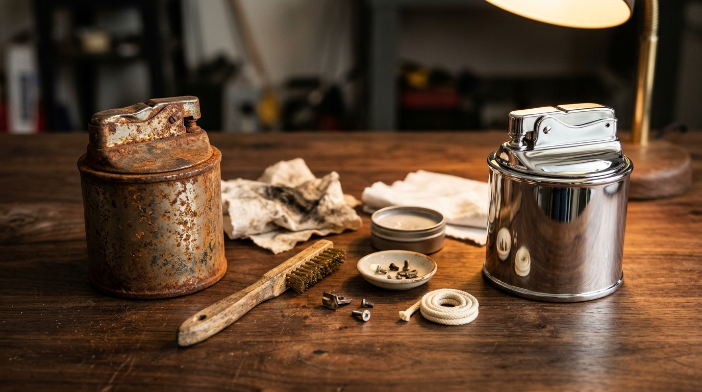Giant lighter restoration: a rusty oversized lighter beside the same lighter restored to a mirror shine on a workbench