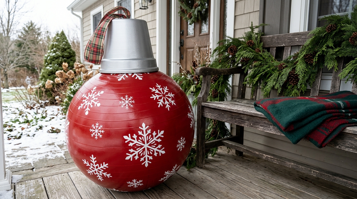 Old exercise ball painted red with white snowflakes and topped with a silver pot as a giant ornament on a porch