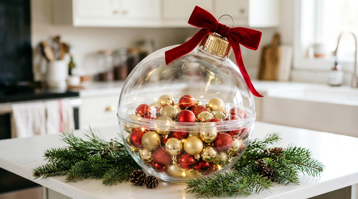 Jumbo ornament made from two clear glass bowls filled with mini red and gold ornaments