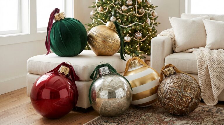 Giant Christmas ornaments in red, gold, velvet green and mercury silver piled beside a cream sofa