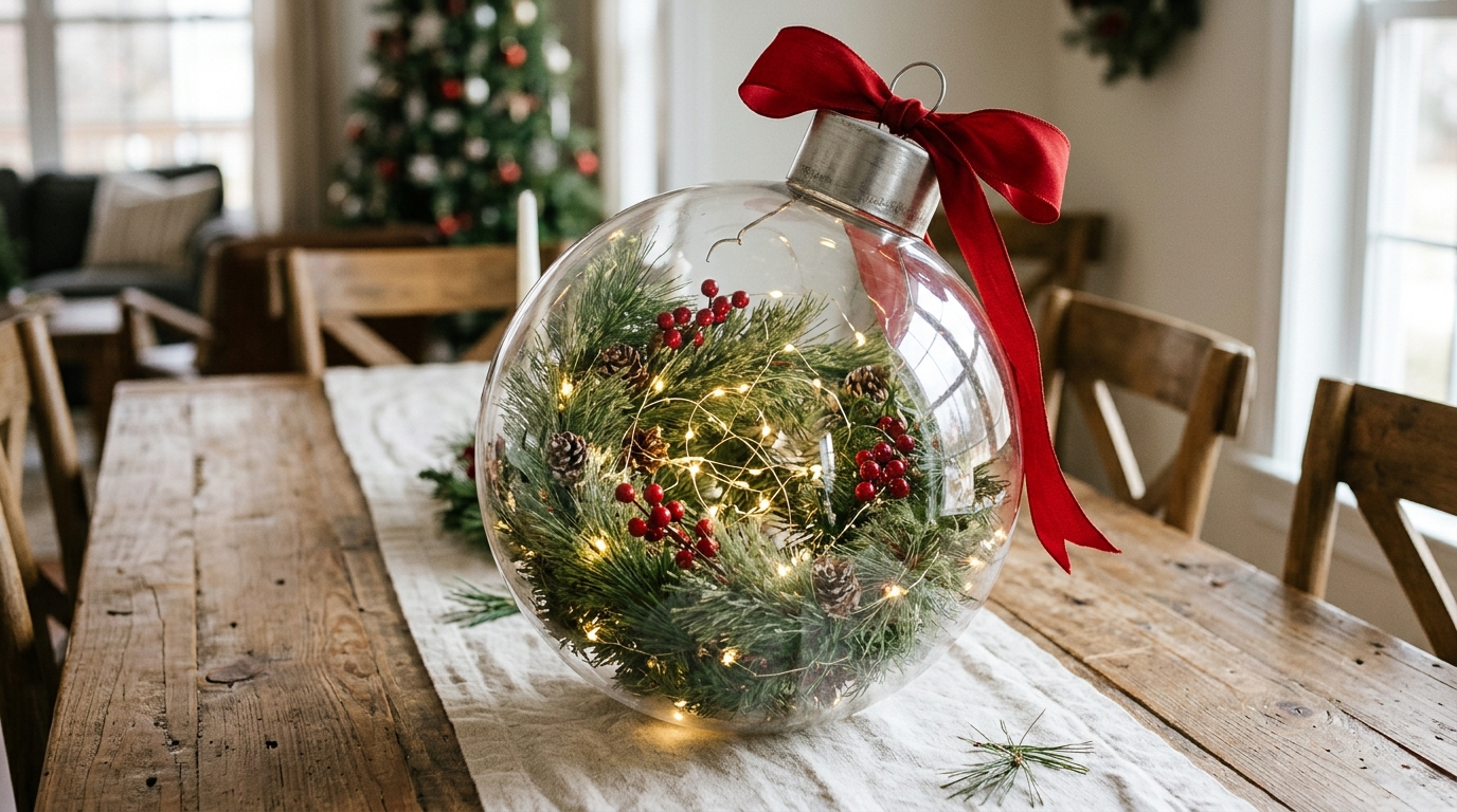 Giant Christmas ornaments made from a clear globe filled with pine garland, berries and fairy lights