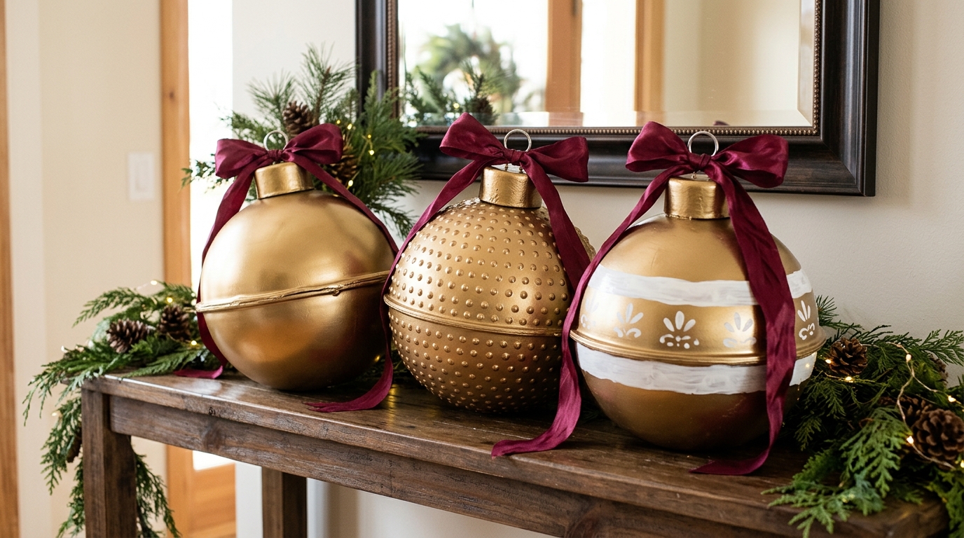 Three giant Christmas ornaments made from gold painted plastic bowls on an entryway table