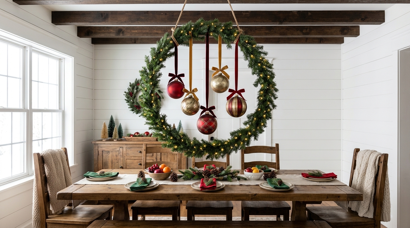 Hula hoop wrapped in garland with red and gold ornaments hanging above a farmhouse dining table