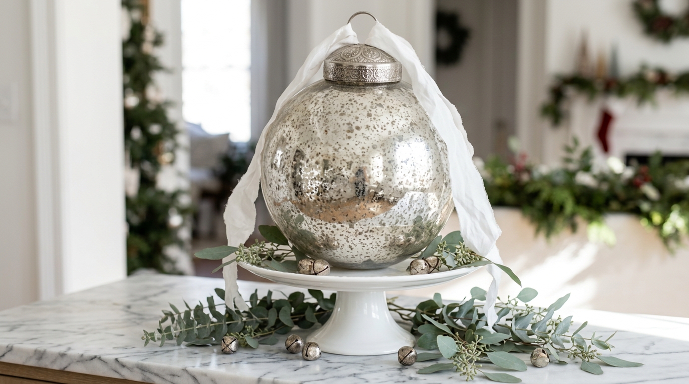 Big plastic ornament painted inside to look like speckled mercury glass on a white cake stand