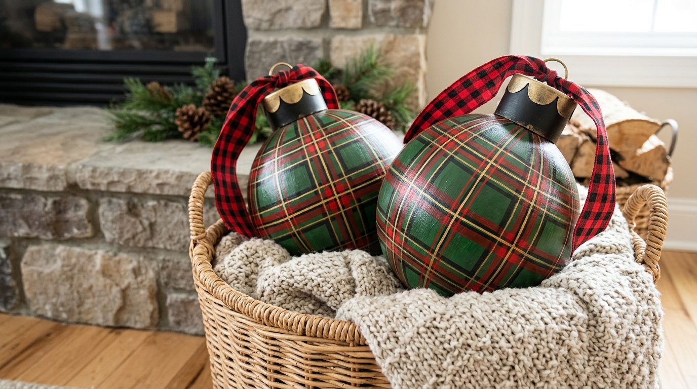 Two big foam ball ornaments hand painted in red and green tartan plaid in a basket by the fireplace