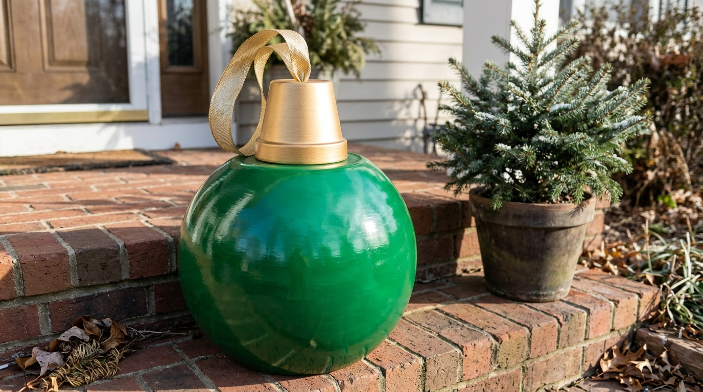 Round planter pot painted glossy green with a gold pot cap used as a big porch ornament