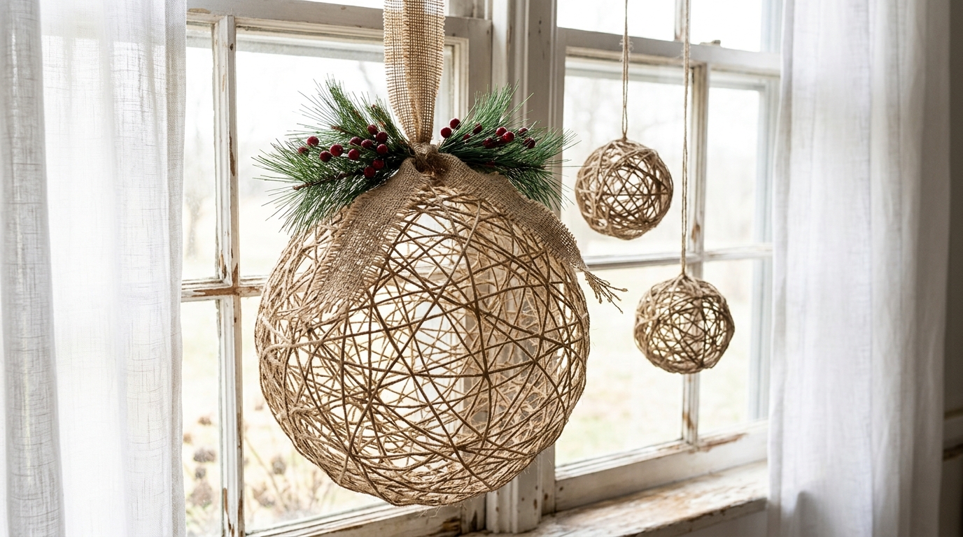 Hollow jute twine ball ornament made over a balloon hanging in a farmhouse window
