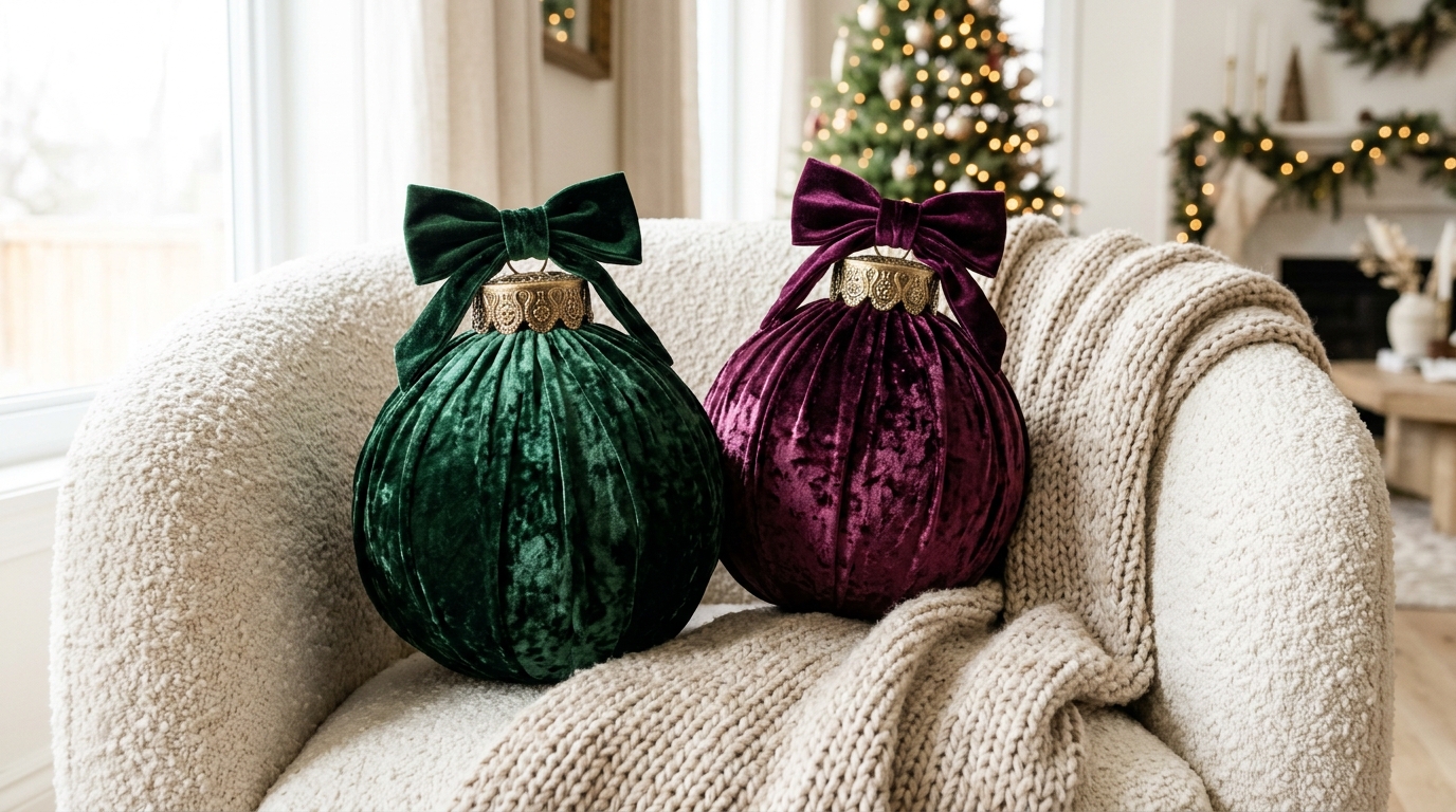 Velvet wrapped giant Christmas ornaments in green and plum on a cream armchair