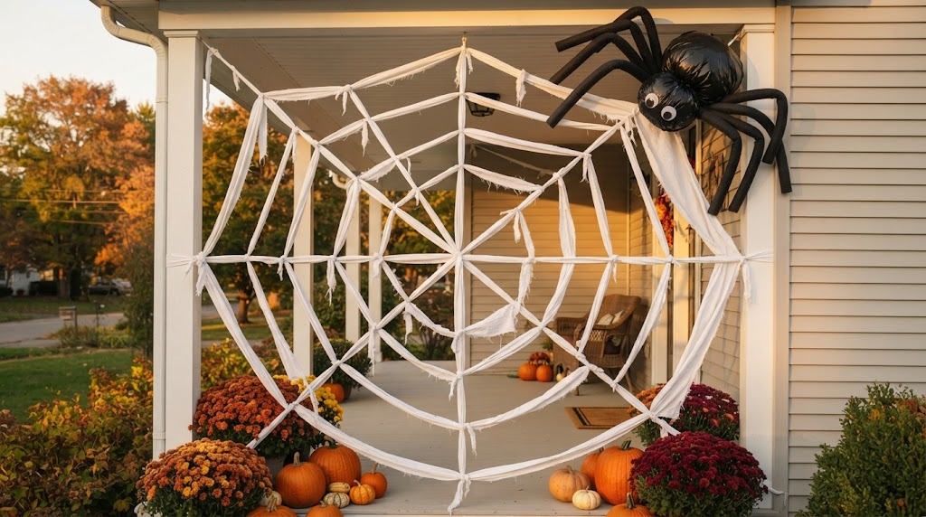 Giant spider web made from torn white sheet strips across a last minute Halloween porch