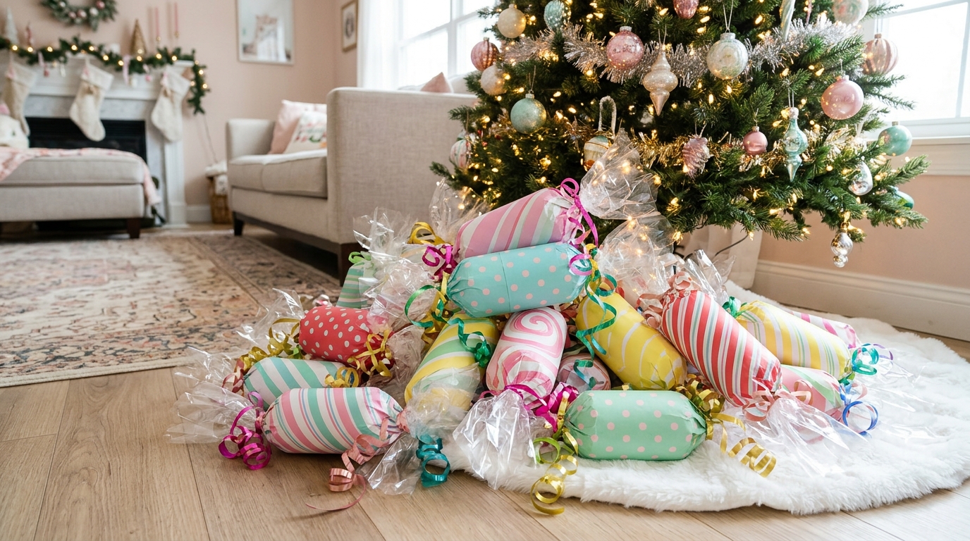 Giant faux wrapped candies made from bottles and cellophane under a Christmas tree