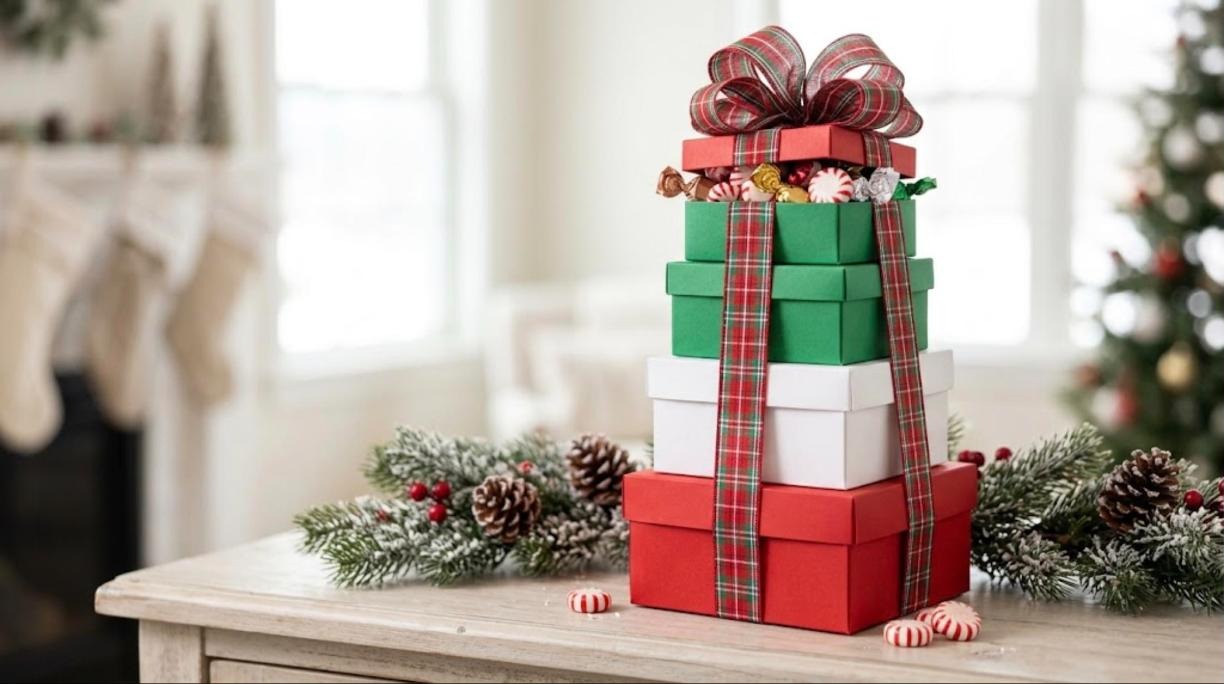 Stacked red, white and green gift box tower tied with plaid ribbon and filled with peppermints