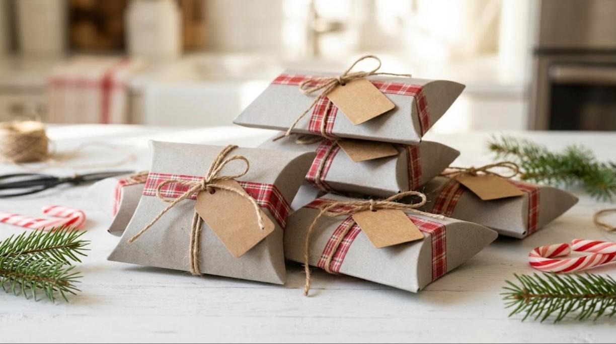 DIY Christmas gift boxes shaped like pillows, made from cereal box cardboard with plaid ribbon and kraft tags