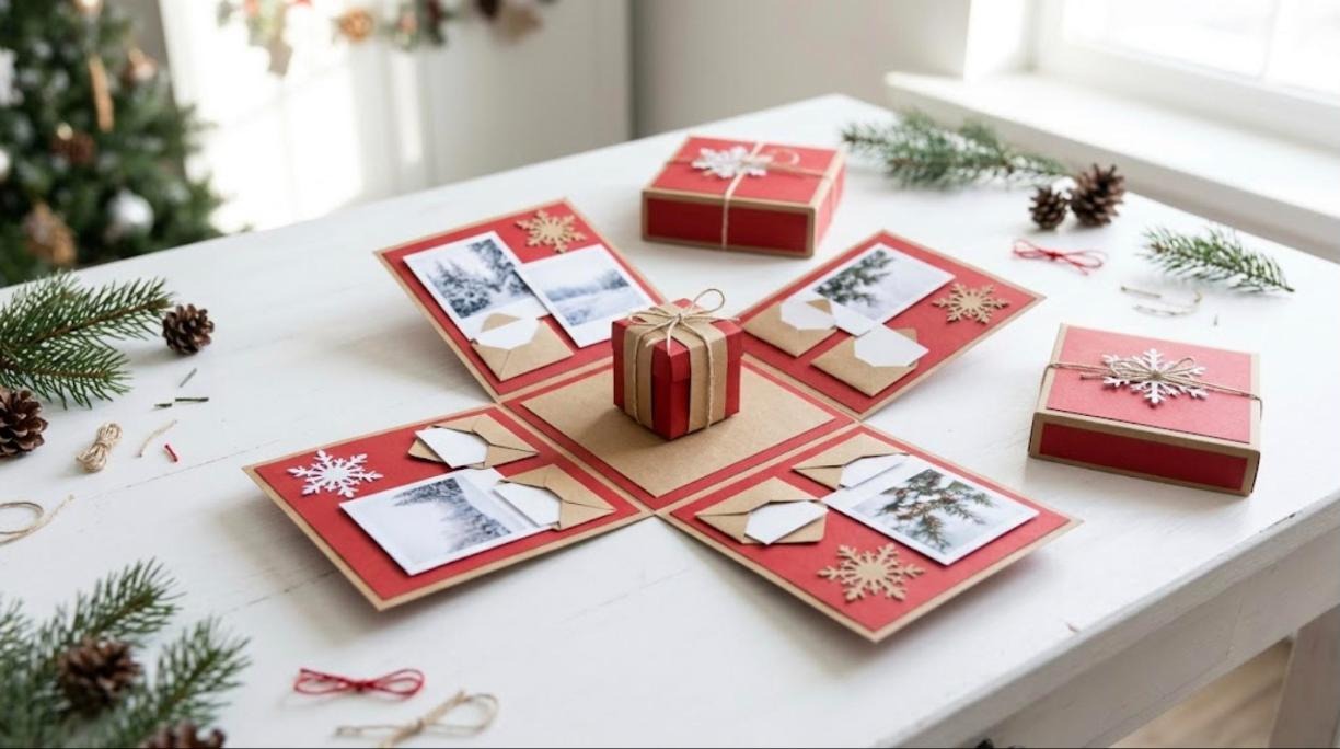Red and kraft exploding photo gift box opened flat with snowy photos, envelopes and a tiny present in the middle