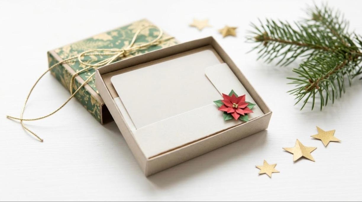 Small gift card box with a slide out tray, paper poinsettia insert and a green and gold lid