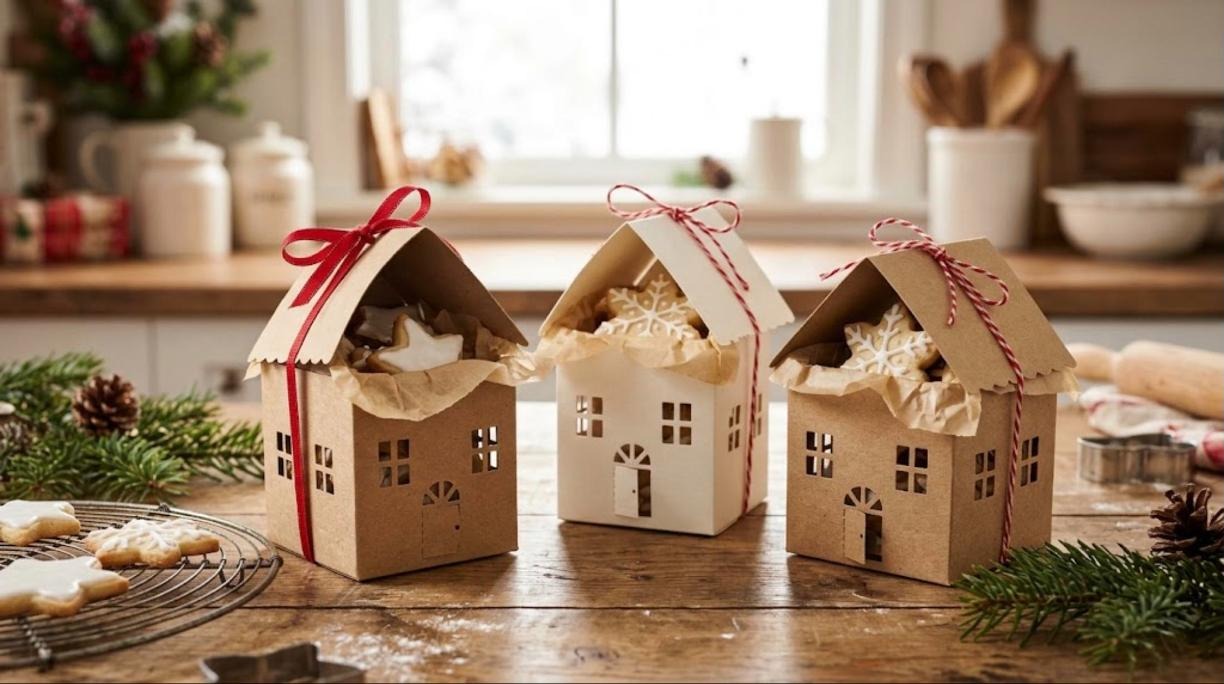 House shaped DIY Christmas gift boxes in kraft and white cardstock holding iced snowflake cookies