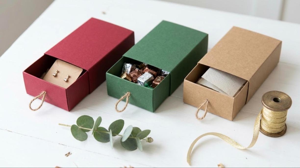 Matchbox style drawer gift boxes in red, green and kraft cardstock with twine pulls