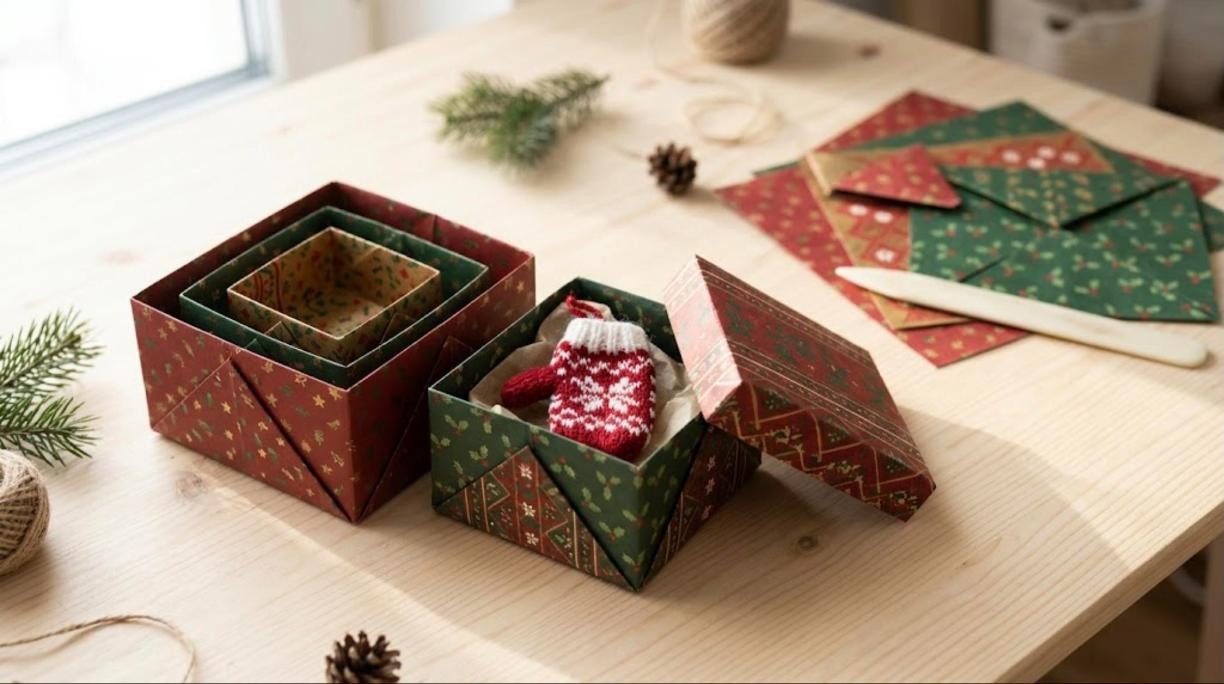 Nested origami boxes with lids folded from red and green Christmas paper, one holding a tiny knit mitten