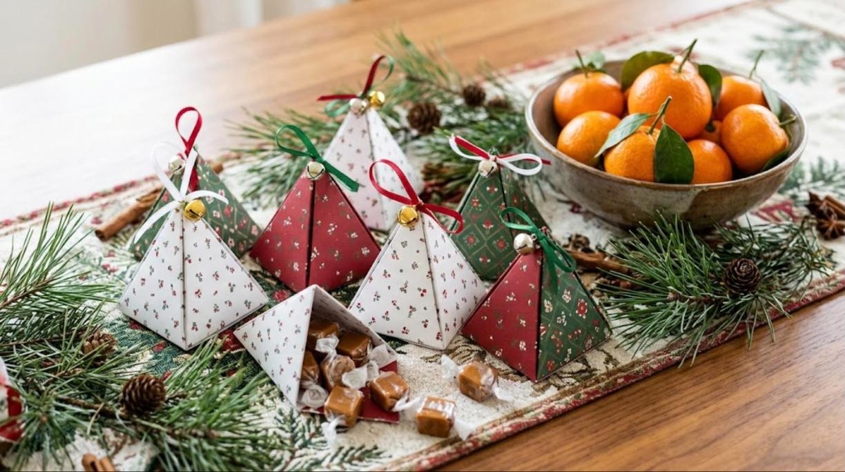 Small pyramid treat boxes in red, green and white prints with ribbon loops and jingle bells