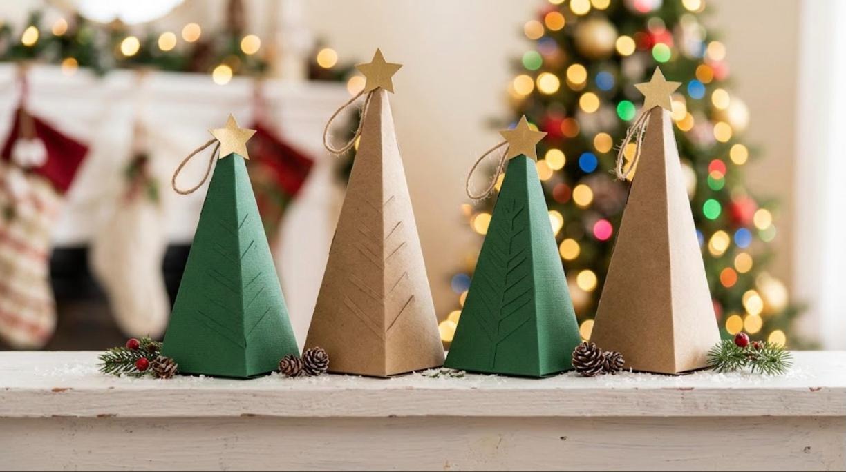 Green and kraft paper Christmas tree shaped gift boxes with gold stars lined up on a white mantel