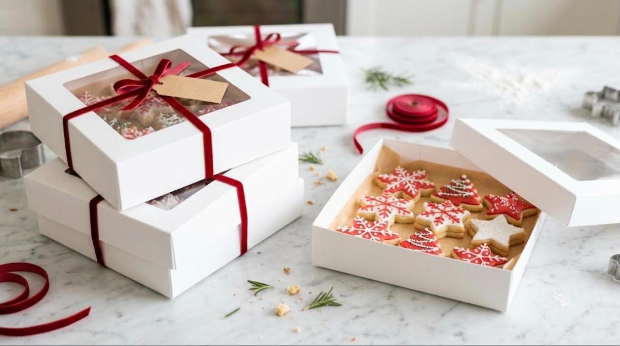 DIY Christmas gift boxes with a clear window lid showing iced Christmas cookies, tied with red velvet ribbon